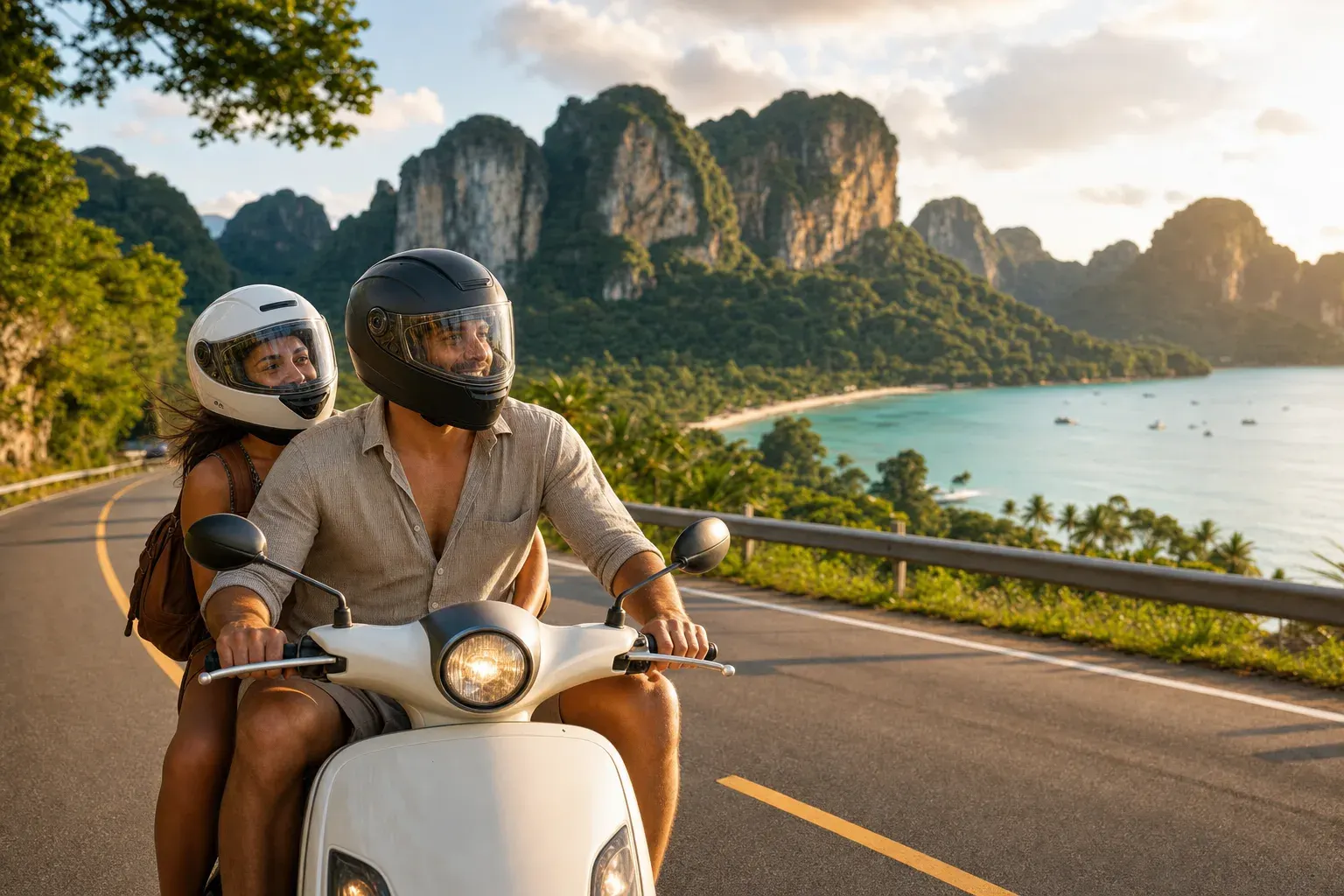 Couple wearing helmets while riding a scooter on a scenic coastal road in Krabi, Thailand