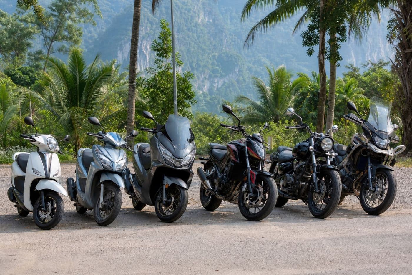 Lineup of rental scooters and motorcycles — small scooters, maxi scooters and motorcycles parked side by side