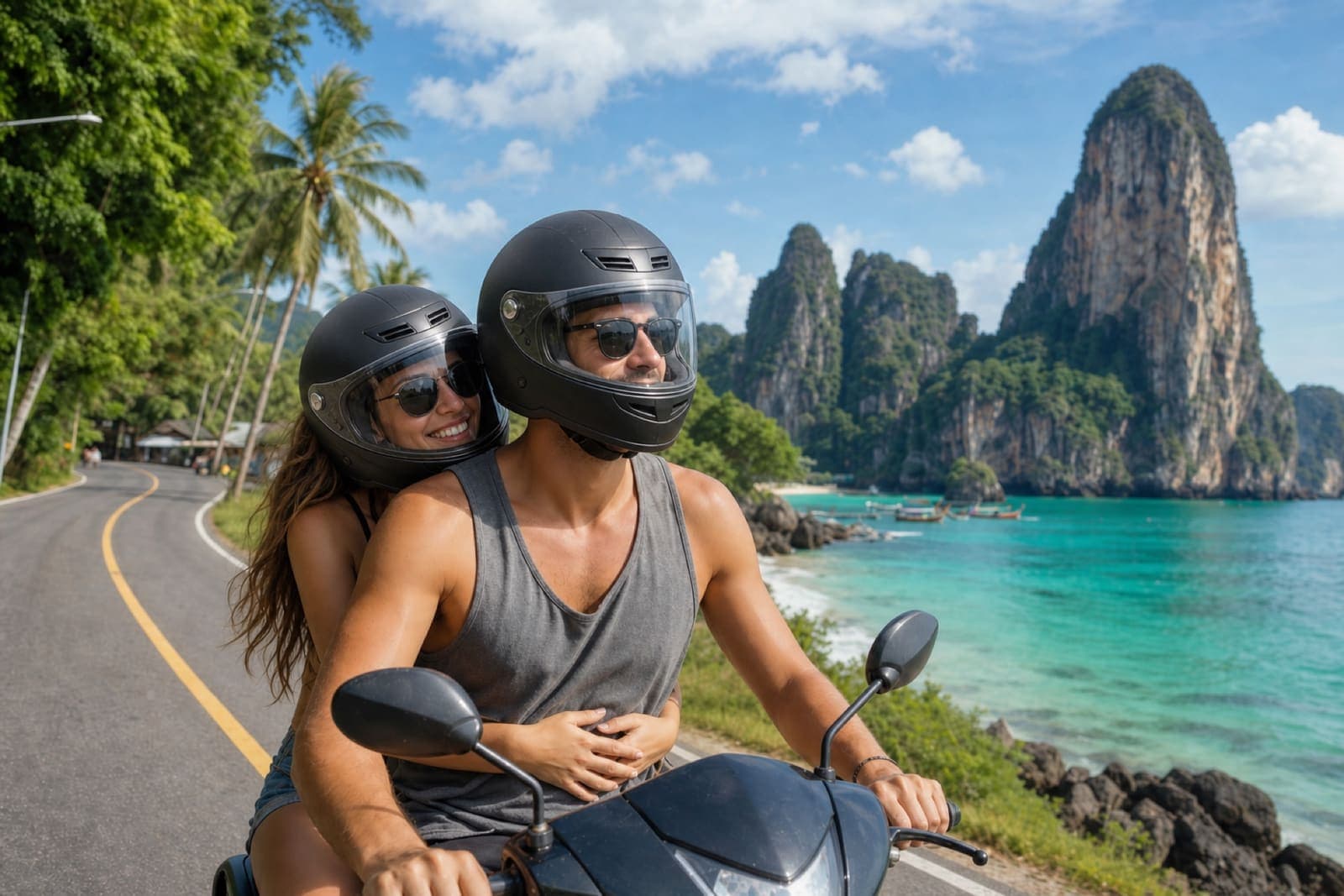 Couple wearing helmets while riding a scooter on a scenic coastal road in Krabi with limestone cliffs and turquoise sea