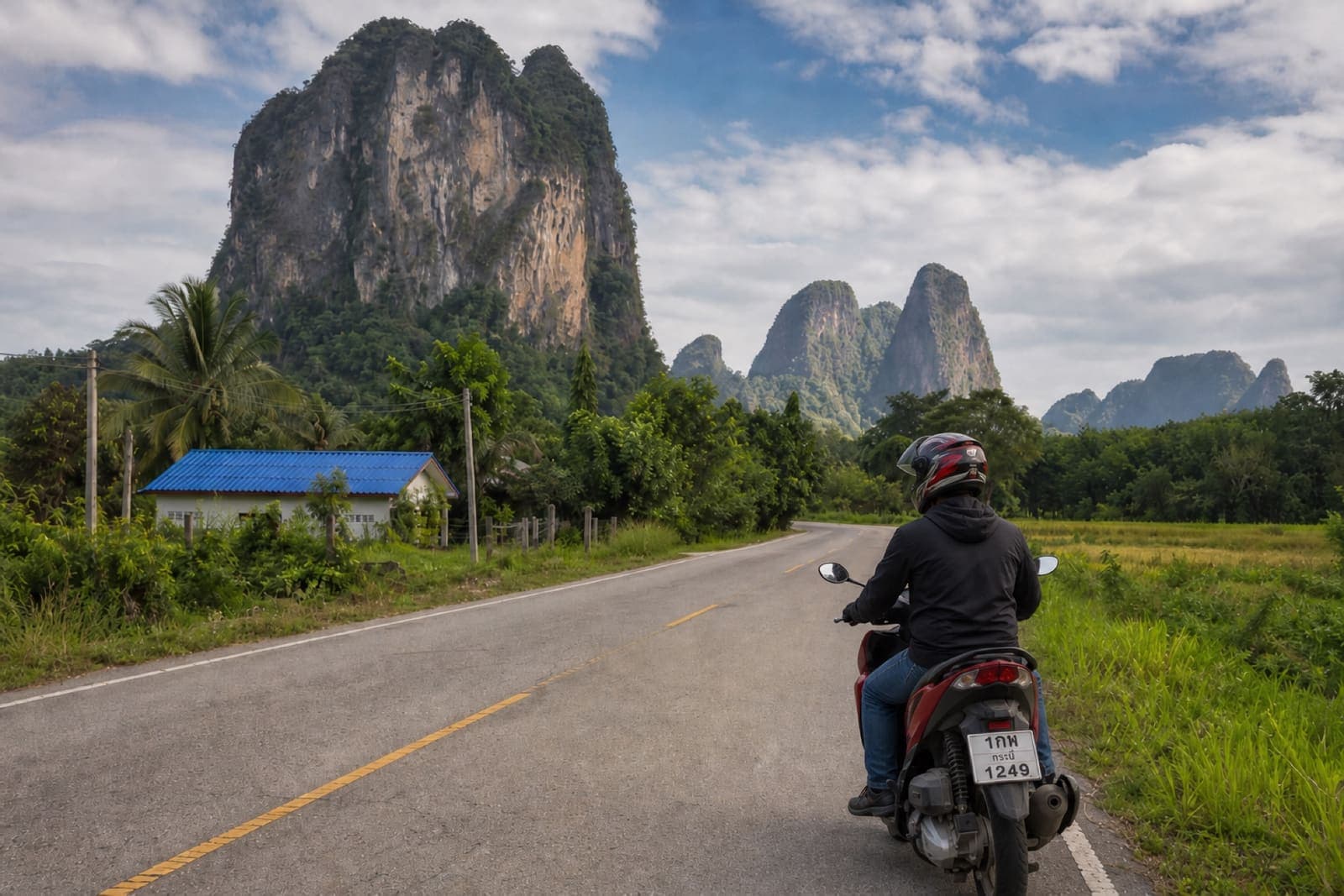 Helmeted rider on a scooter on a rural country road in Krabi with dramatic limestone karst mountains in the background