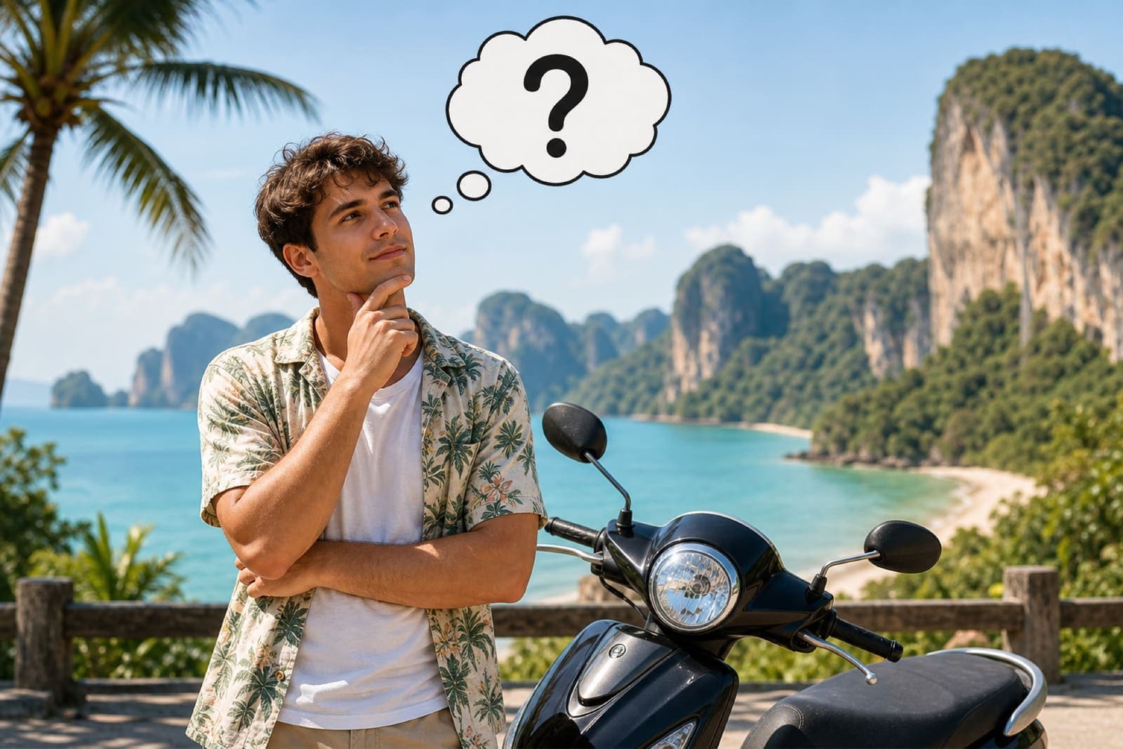 Tourist contemplating whether it is safe to rent a scooter in Krabi