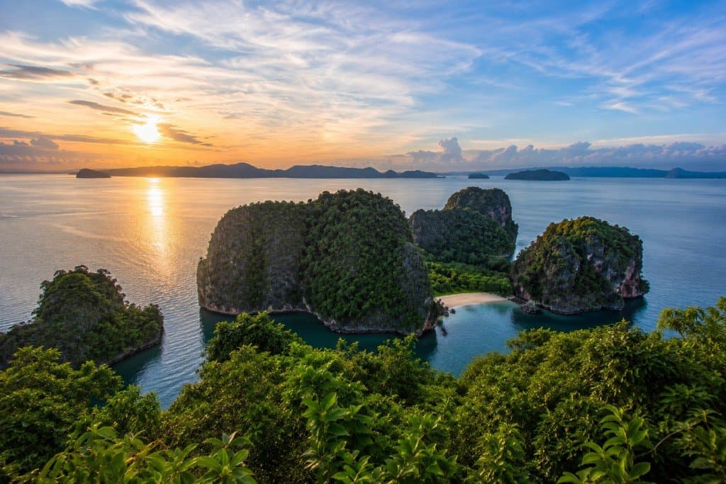Sunset view over Koh Hong and the Andaman Sea from the island viewpoint, Krabi